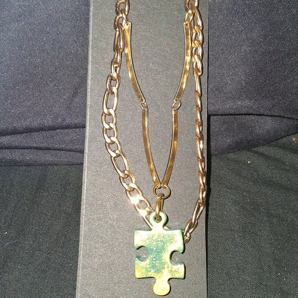 Handmade Gold and Green Puzzle Pendant Necklace